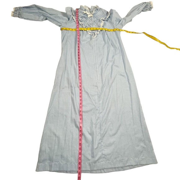 Vtg Handmade Nightgown Pleated Bib Eyelet Lace L/S Blue Gingham Zip Cottage Core - Picture 8 of 10